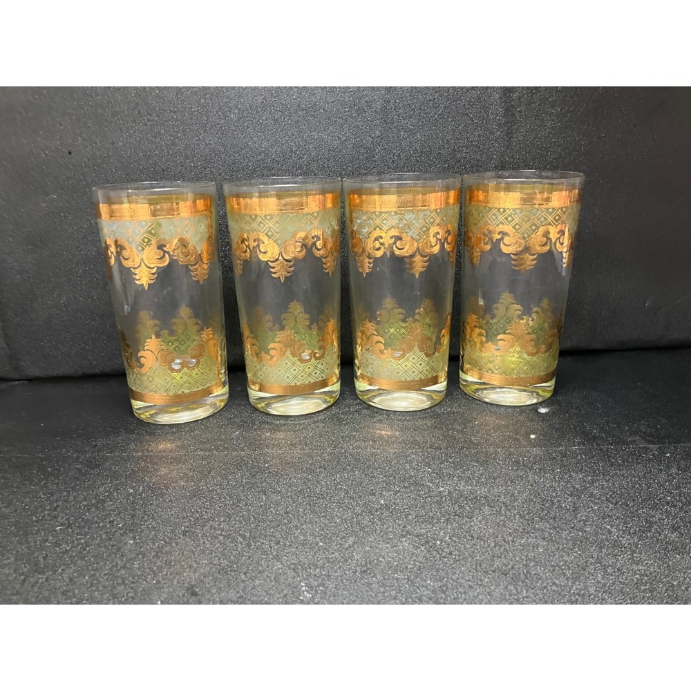 Georges Briard Signed Highball Glasses, Carrara Gold & Green Tumblers, Set Of‎ 4